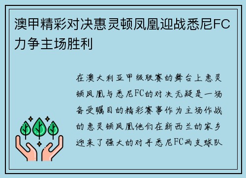 澳甲精彩对决惠灵顿凤凰迎战悉尼FC力争主场胜利